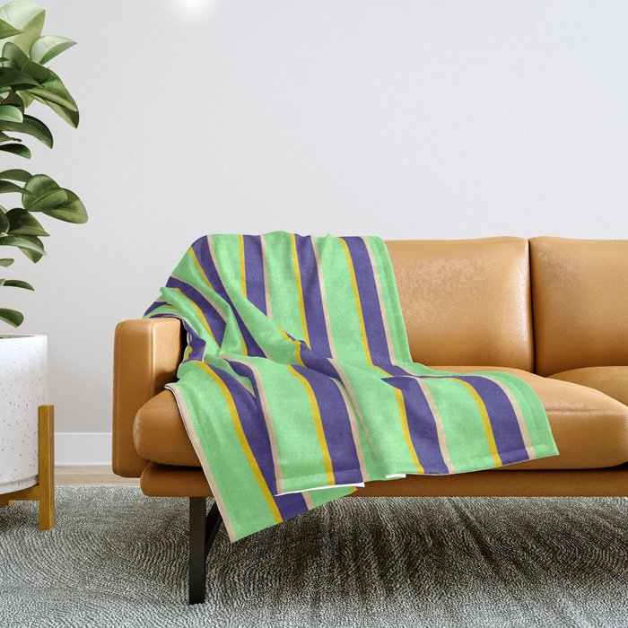 Green, Yellow, Dark Slate Blue & Beige Colored Stripes/Lines Pattern Throw Blanket