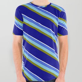 [ Thumbnail: Vibrant Royal Blue, Sky Blue, Green, Dark Blue, and White Colored Striped/Lined Pattern All Over Graphic Tee ]