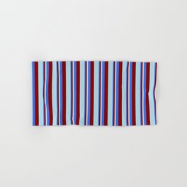 [ Thumbnail: Royal Blue, Maroon, and Light Blue Colored Lines Pattern Hand & Bath Towel ]