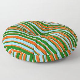 [ Thumbnail: Dark Green, Sky Blue, and Red Colored Striped Pattern Floor Pillow ]