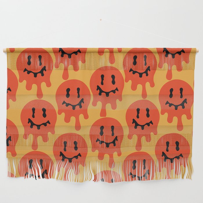 Melted Smiley Faces Trippy Seamless Pattern - Red Wall Hanging