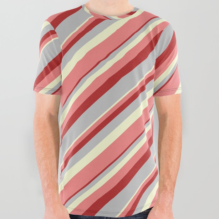 Light Yellow, Light Coral, Red, and Grey Colored Lines/Stripes Pattern All Over Graphic Tee
