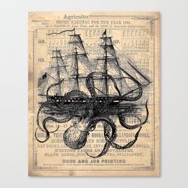 Octopus Kraken attacking Ship Antique Almanac Paper Canvas Print