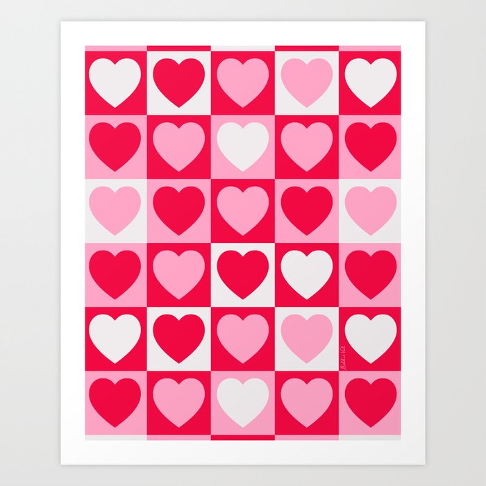 Bright Checkered Hearts Pink Red Art Print