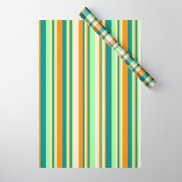 [ Thumbnail: Green, Dark Cyan, Dark Orange, and Beige Colored Stripes Pattern Wrapping Paper ]
