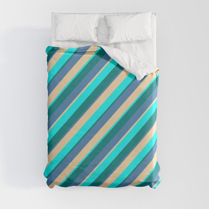 Blue, Tan, Aqua, and Teal Colored Striped/Lined Pattern Duvet Cover