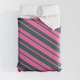 [ Thumbnail: Hot Pink and Dark Slate Gray Colored Lined Pattern Duvet Cover ]
