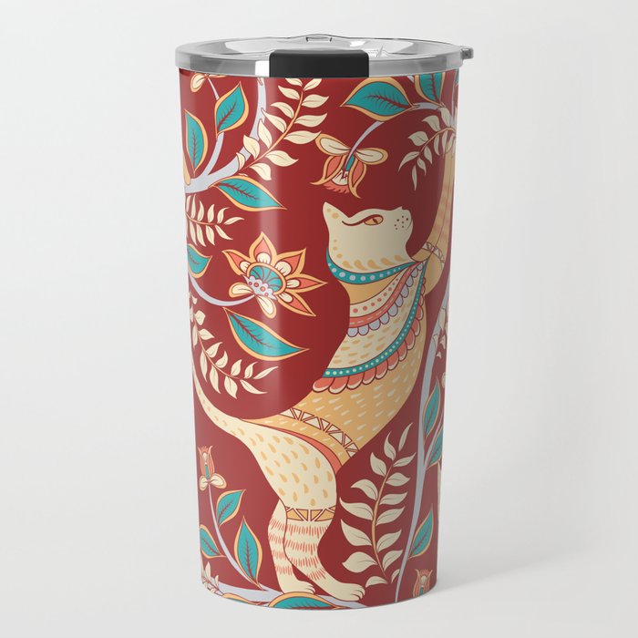 Cats with ornaments,branches with flowers and leaves on a burgundy background. Indian style. Kalamkari. Seamless pattern.  Travel Mug