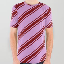 [ Thumbnail: Plum & Maroon Colored Lines/Stripes Pattern All Over Graphic Tee ]
