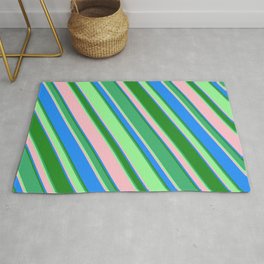 [ Thumbnail: Eye-catching Forest Green, Sea Green, Green, Pink & Blue Colored Lined/Striped Pattern Rug ]