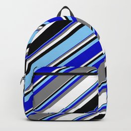 [ Thumbnail: Light Sky Blue, Blue, Gray, White, and Black Colored Striped Pattern Backpack ]