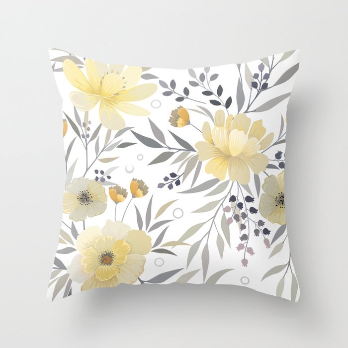 Modern, Floral Prints, Yellow, Gray and White Throw Pillow