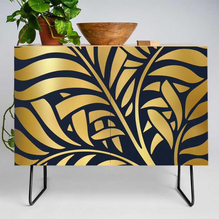 Art Deco Tropical Gold Leaves on Navy Blue Credenza