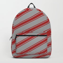 [ Thumbnail: Dark Gray & Red Colored Lined/Striped Pattern Backpack ]