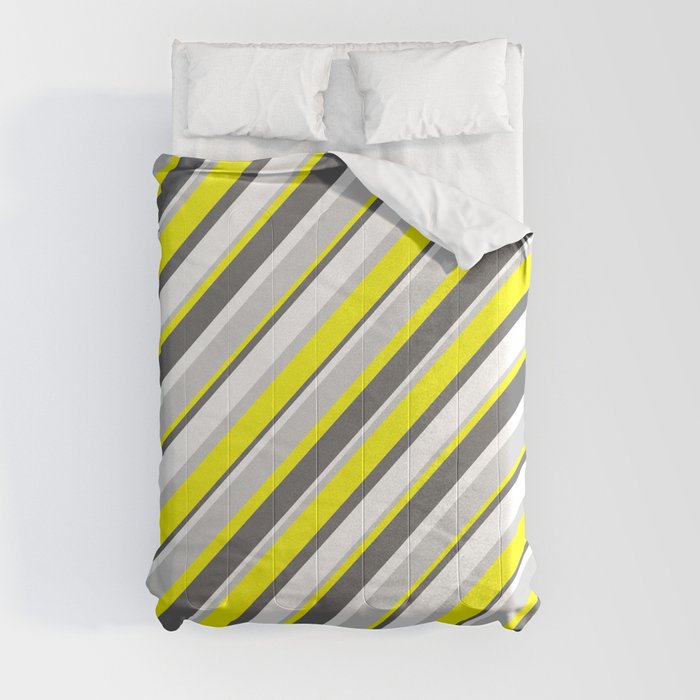 Yellow, Dim Gray, White & Light Grey Colored Stripes Pattern Comforter