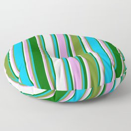 [ Thumbnail: Eye-catching Plum, Green, Deep Sky Blue, Dark Green, and White Colored Lined/Striped Pattern Floor Pillow ]