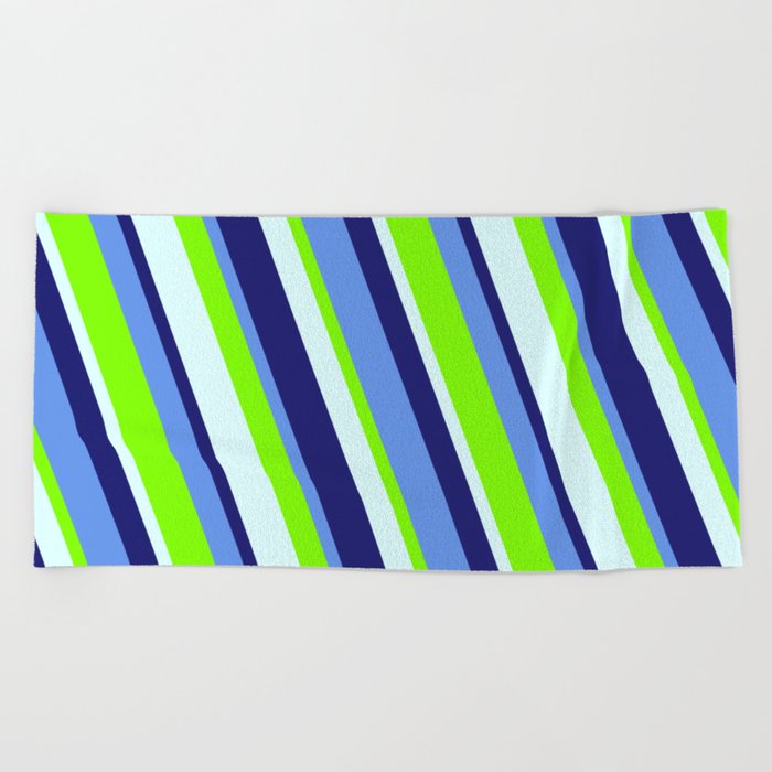 Cornflower Blue, Chartreuse, Light Cyan, and Midnight Blue Colored Lined Pattern Beach Towel