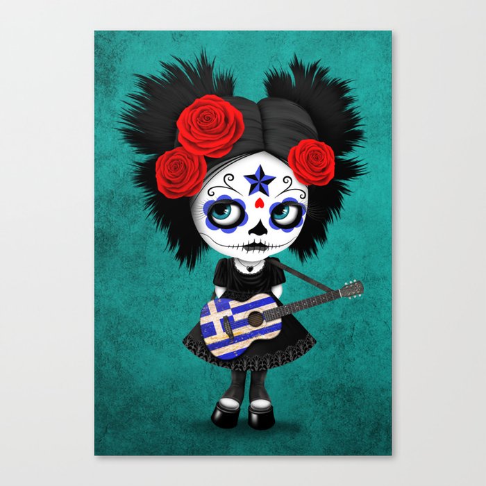 Day Of The Dead Girl Playing Greek Flag Guitar Canvas Print By