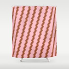 [ Thumbnail: Pink and Sienna Colored Pattern of Stripes Shower Curtain ]