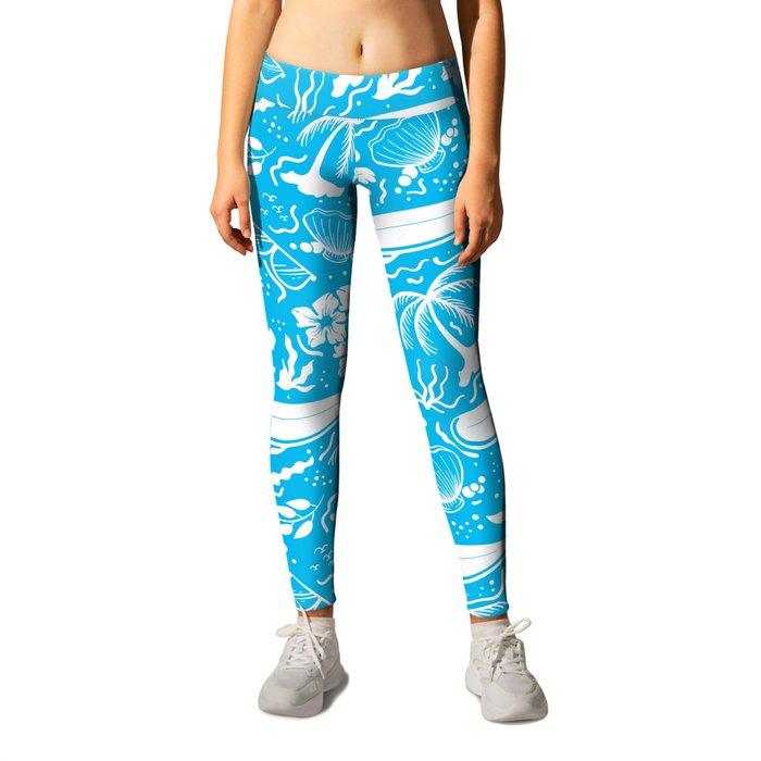 Turquoise and White Surfing Summer Beach Objects Seamless Pattern Leggings