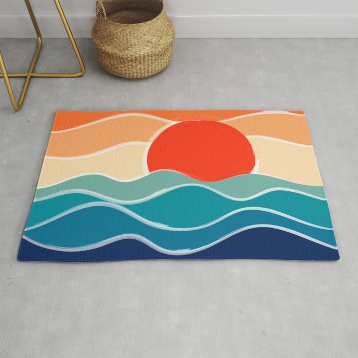 Retro 70s and 80s Color Palette Mid-Century Minimalist Nature Waves and Sun Abstract Art Rug
