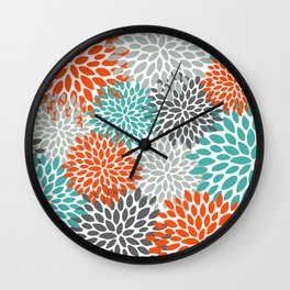 Floral Pattern, Abstract, Orange, Teal and Gray Wall Clock