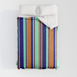 [ Thumbnail: Chocolate, Aquamarine & Blue Colored Stripes Pattern Comforter ]