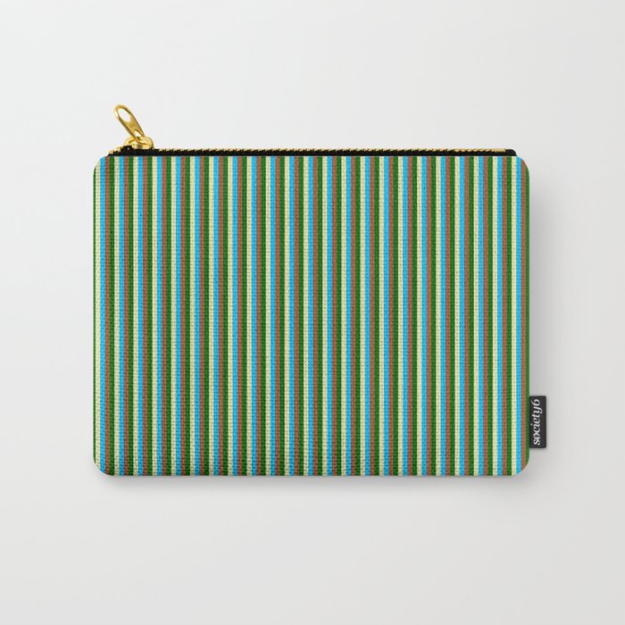 Pale Goldenrod, Deep Sky Blue, Sienna & Dark Green Colored Lined/Striped Pattern Carry-All Pouch