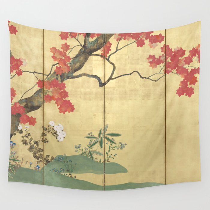 Maple Tree Japanese Edo Period Six-Panel Gold Leaf Screen Wall Tapestry