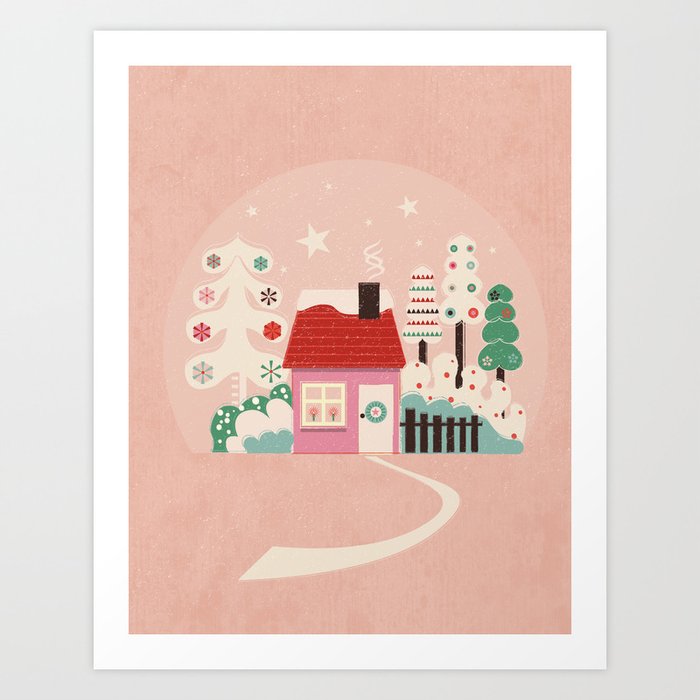 Festive Winter Hut in pink Art Print