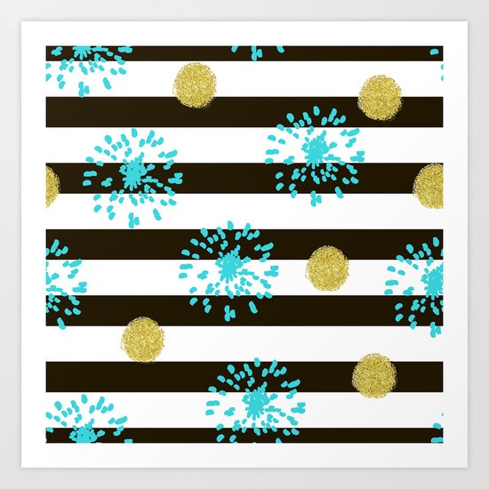A festive mood. Striped background black and white with blue fireworks and Golden peas . Art Print