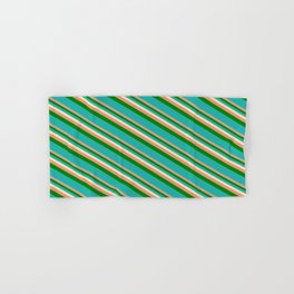 [ Thumbnail: Beige, Dark Salmon, Green & Light Sea Green Colored Lines Pattern Hand & Bath Towel ]