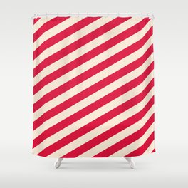 [ Thumbnail: Beige & Crimson Colored Lined/Striped Pattern Shower Curtain ]