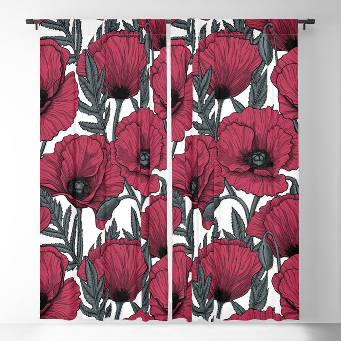 Poppies in Viva Magenta Color of the Year 2023 on white Blackout Curtain