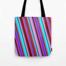 [ Thumbnail: Purple, Plum, Brown, Dark Red & Cyan Colored Lines/Stripes Pattern Tote Bag ]