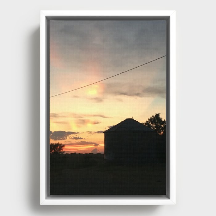 Sunset and Grain Bin Framed Canvas