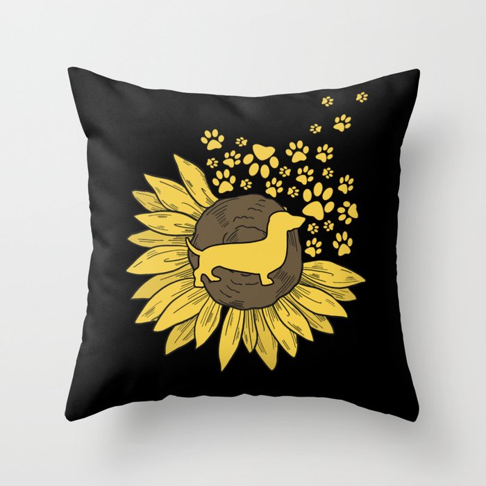 Sunflower with paws and dachshund Throw Pillow