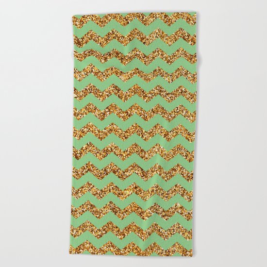 Sea Green Gold Glitter Chevron Beach Towel