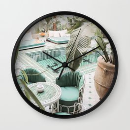 Travel Photography Art Print | Tropical Plant Leaves In Marrakech Photo | Green Pool Interior Design Wall Clock