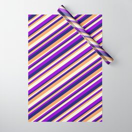[ Thumbnail: Dark Violet, Midnight Blue, Brown, and Beige Colored Striped Pattern Wrapping Paper ]