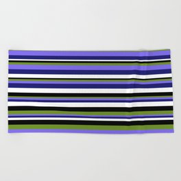 [ Thumbnail: Eye-catching Black, Green, Medium Slate Blue, Midnight Blue, and White Colored Stripes/Lines Pattern Beach Towel ]