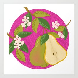 Pair of Pears with Blossoms on Pink Art Print