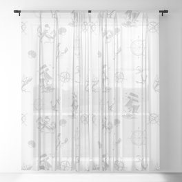 Light Grey Silhouettes Of Vintage Nautical Pattern Sheer Curtain