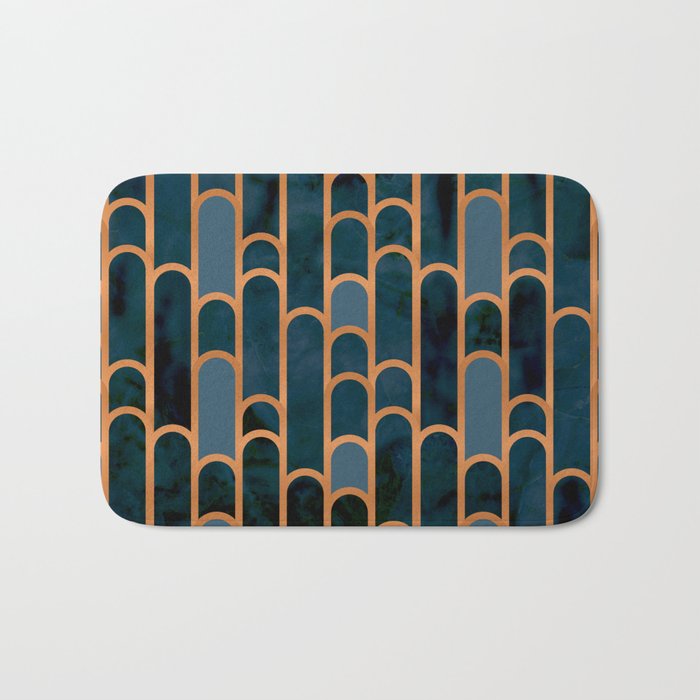Art Deco Blue Teal Marble and Metallic Copper Marbled Pattern Bath Mat