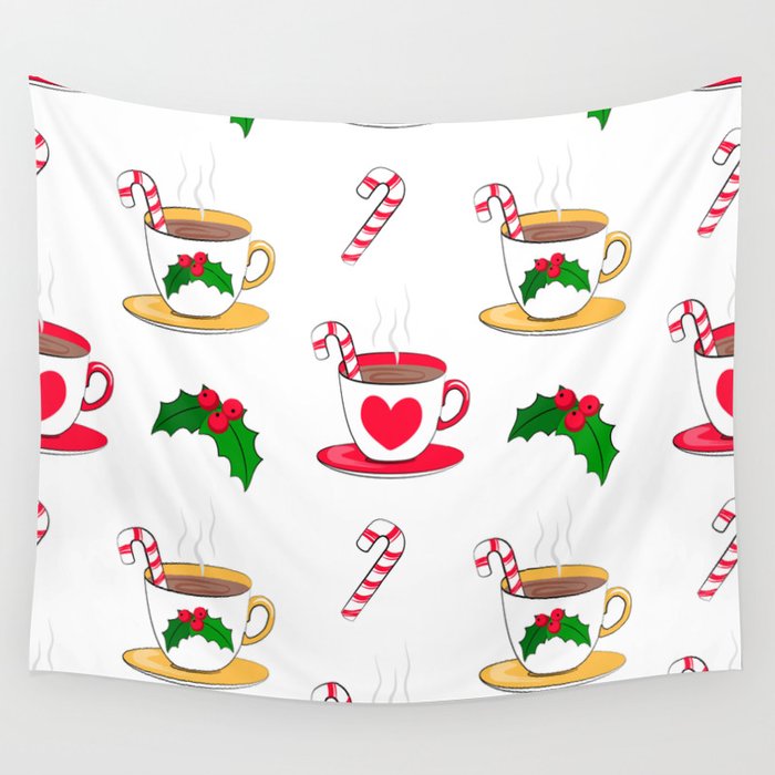 Festive Christmas Seamless Pattern with Hot Chocolate Mugs, Sweet Candy and Christmas Berry Wall Tapestry