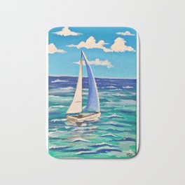 sealing in the ocean  Bath Mat | Acrylic, Ocean, Blue, Boat, Oil, Vintage, Sea, Painting, Abstract, Clouds 