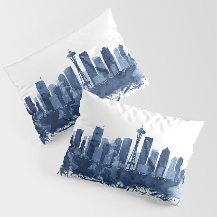 Seattle Skyline Watercolor Blue, Art Print By Synplus Pillow Sham