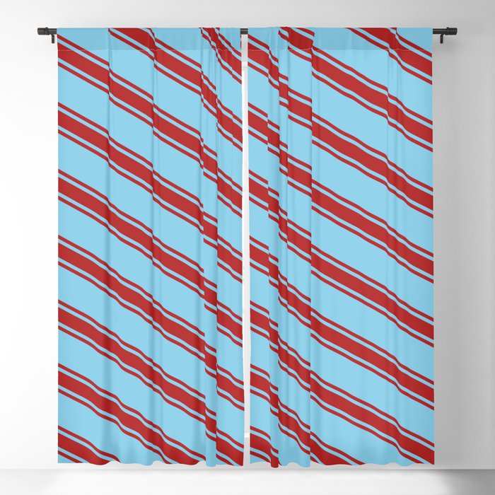 Sky Blue & Red Colored Stripes Pattern Blackout Curtain