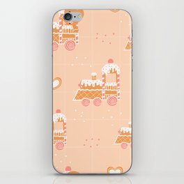 Gingerman Seamless Pattern with Cookie Locomotive on Light Yellow Background, Checked Ornate for Christmas iPhone Skin