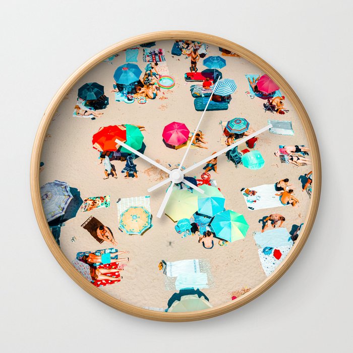 Aerial People On Beach, Beach Umbrellas, Colorful Umbrellas, Summer Vibes Wall Clock
